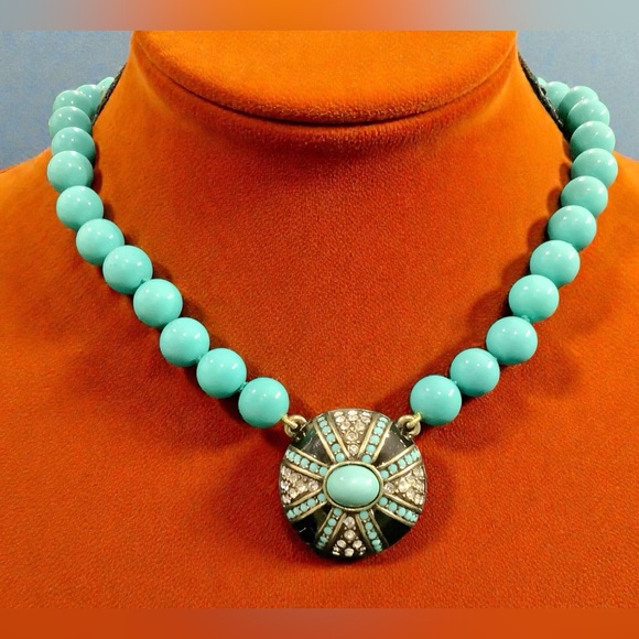 Heidi Daus Jewelry - Heidi Daus Turquoise Beaded Necklace with Black Enamel & Clear Crystal Pendant